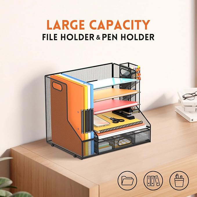 5-Tier Desk Organizer with File Holder & Pen Holder & Sliding Drawer, Black | Mesh Metal Paper Letter Tray for Papers, Mail, Office Supplies, and Desk Accessories - Image 2