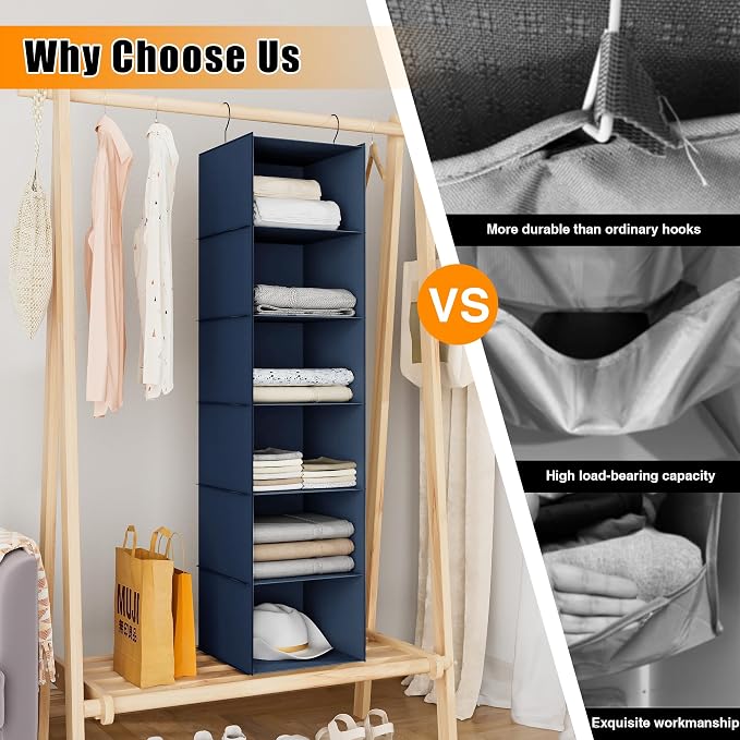 Hanging Closet Organizer 6-Shelf, Oxford Fabric Wardrobe Storage, Navy Blue | Easy-mount foldable design holds clothes, handbags, shoes & accessories; washable Oxford fabric, sturdy and space-saving. - Image 7