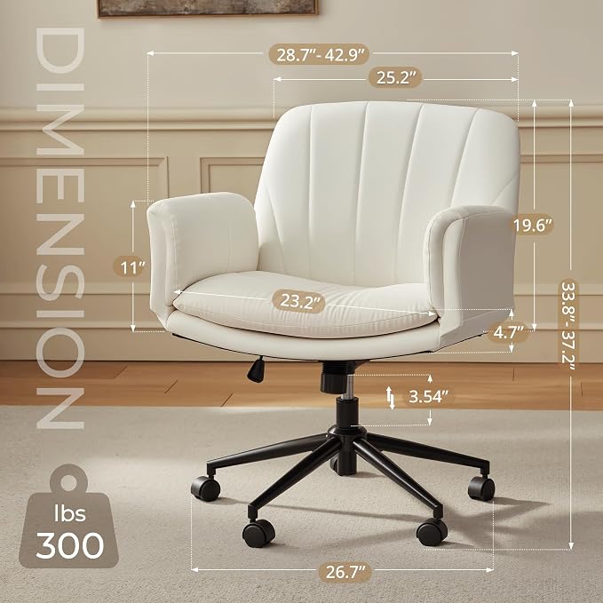 Dowinx Criss Cross Chair with Five-Level Adjustable Arms and Wheels - Comfortable Ergonomic PU Leather Swivel Vanity Chair - Computer Makeup Chair for Home Office, Bedroom, Vanity Room -Milk White - Image 2