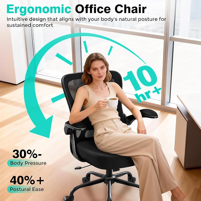 Office Chair - Ergonomic Breathable Mesh Desk Chair with Adjustable Lumbar Support and Flip-up Armrests - Executive High Back Rolling Swivel Comfortable Computer Gaming Chair for Home Office - Image 5