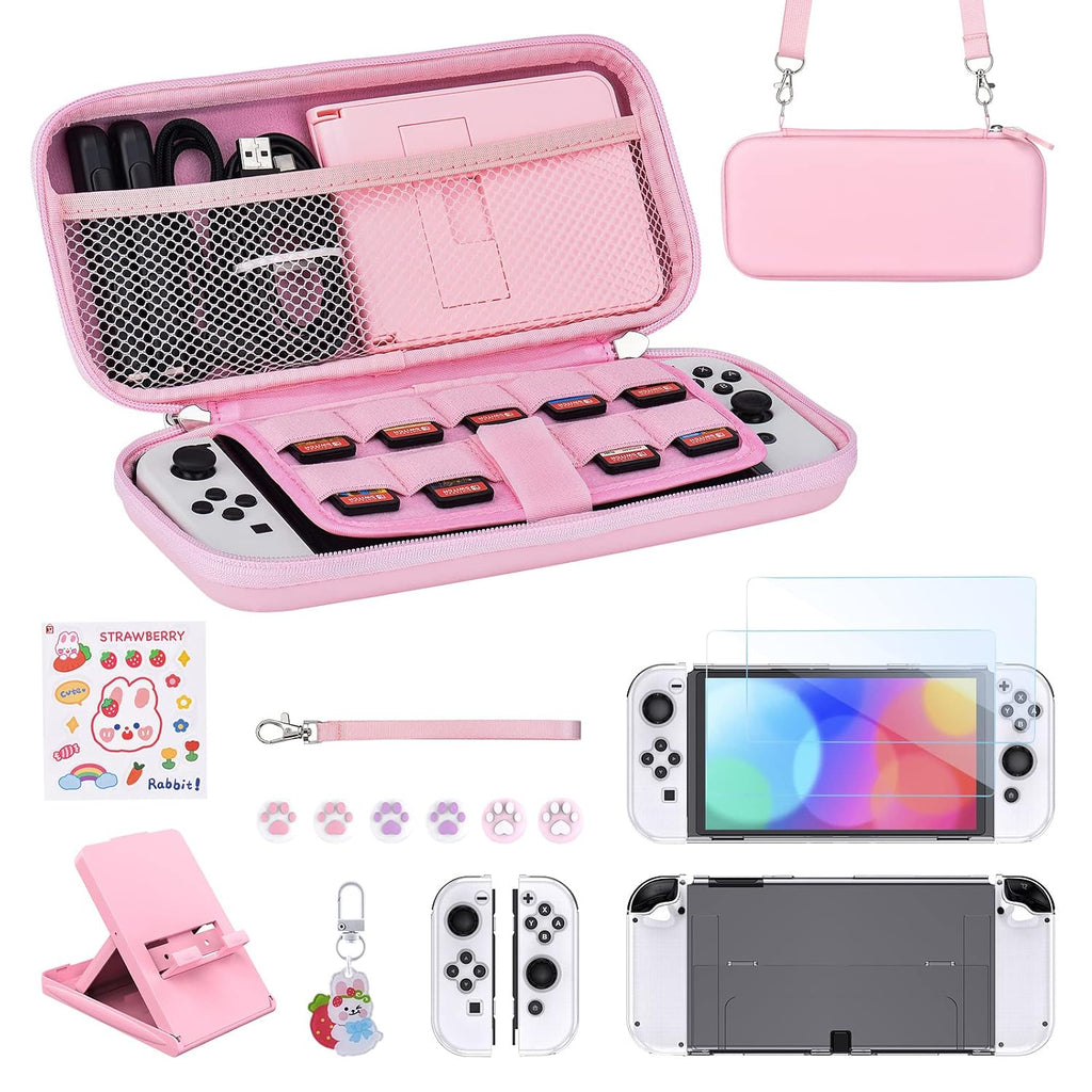 Younik Switch OLED Accessories Bundle, 17 in 1 Pink Switch Oled Accessories Kit for Girls Include Switch Carrying Case, Adjustable Stand, Protective Case for Switch Console & J-Con by Younik