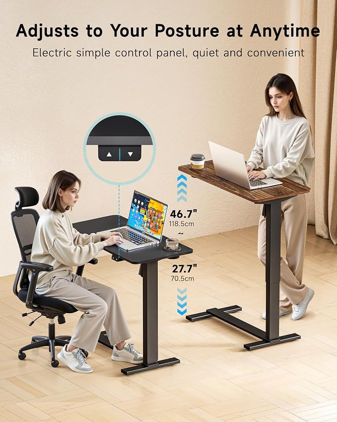 BIZUM Small Electric Standing Desk Bedside Table with Hidden Wheels 31.5 x 15.8 Inch Adjustable Computer Laptop Office Desk, Walnut - Image 4