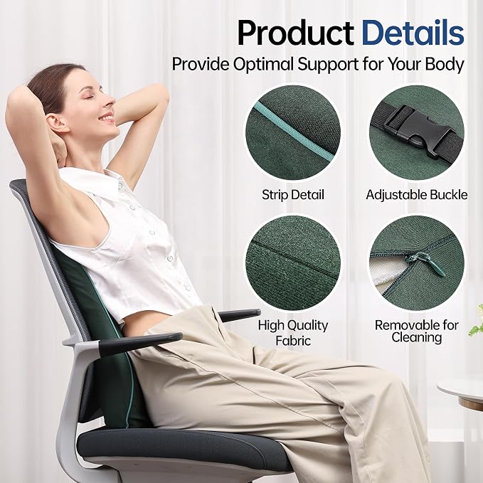Soft Comfortable Memory Lumbar Support Pillow Back Cushion for Offic | Built-In Adjustable Straps Secure Reduce Back Soreness Pressure Distribution Breathable Premium Fabric Long-lasting Support - Image 6