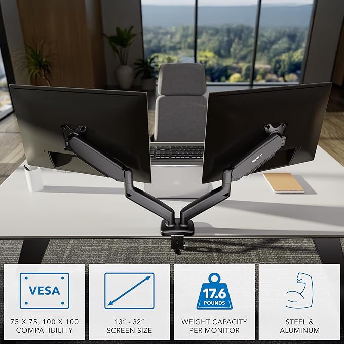 Mount-It! Dual Monitor Desk Mount, 13-32", 17.6 lbs Each | Two independent gas spring arms, full motion, VESA 75x75 & 100x100, C-clamp & grommet base. - Image 3