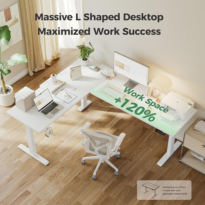 Agilestic L Shaped Electric Standing Desk Adjustable Height, 75 Inch, White | Electric Height Adjustable, Spacious Corner Desktop, Sturdy Steel Frame, Memory Presets, 176 lbs, Splice Board - Image 4