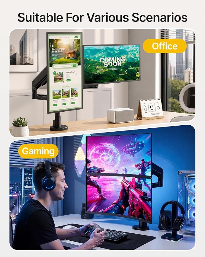 monTEK Dual Monitor Arm, Vertical Stackable 17–40" Full Motion，Black | Vertical Stackable Mechanical Spring For 17–40"Ultrawide Monitor, Hold Up To 26.4 Lbs Each, Compatible With 75/100 VESA Mount - Image 8