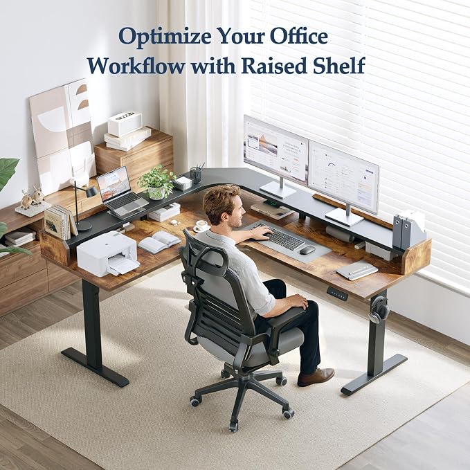 Klicelor L Shaped Electric Standing Desk 63 x 55 inch with Shelf, Height Adjustable Corner Desk, Sit Stand Desk with Storage Shelf, Home Office Computer Table, Rustic Brown - Image 3