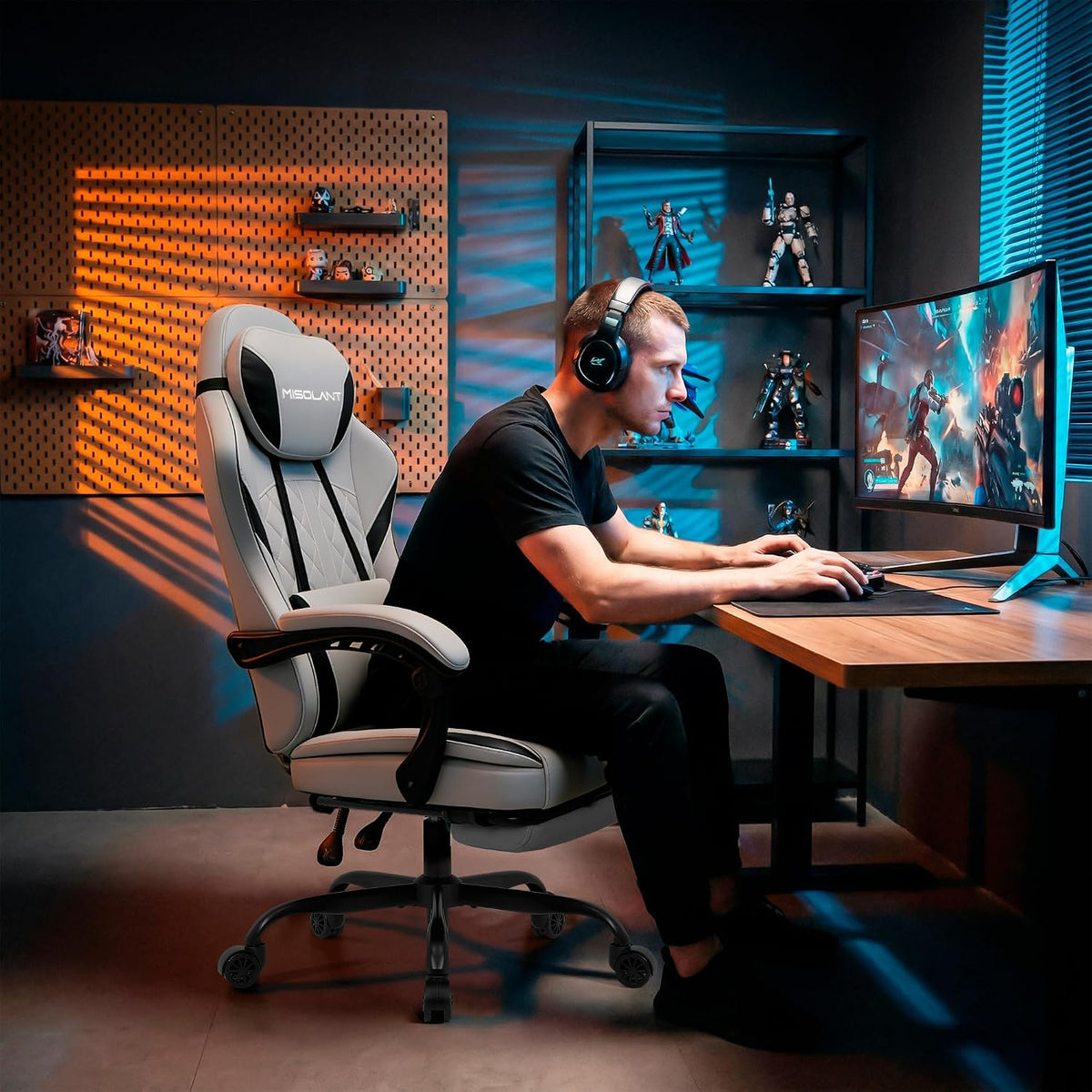 Misolant Gaming Chair, Fabric Gamer Chair with footrest for Adults, High Back Ergonomic Computer Game Chair with Adjustable Headrest and Massage Lumbar Support, 90-155° Recline Free, Gray - Image 7
