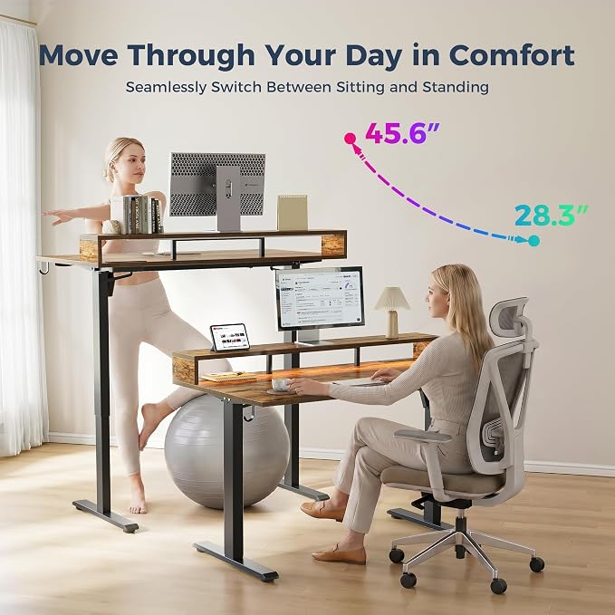 Klicelor Electric Standing Desk with Shelf, 55 Inch Height Adjustable Desk with Power Outlets & LED, Sit Stand Up Table with Monitor Stand, Computer Workstation for Home Office, Rustic Brown - Image 6