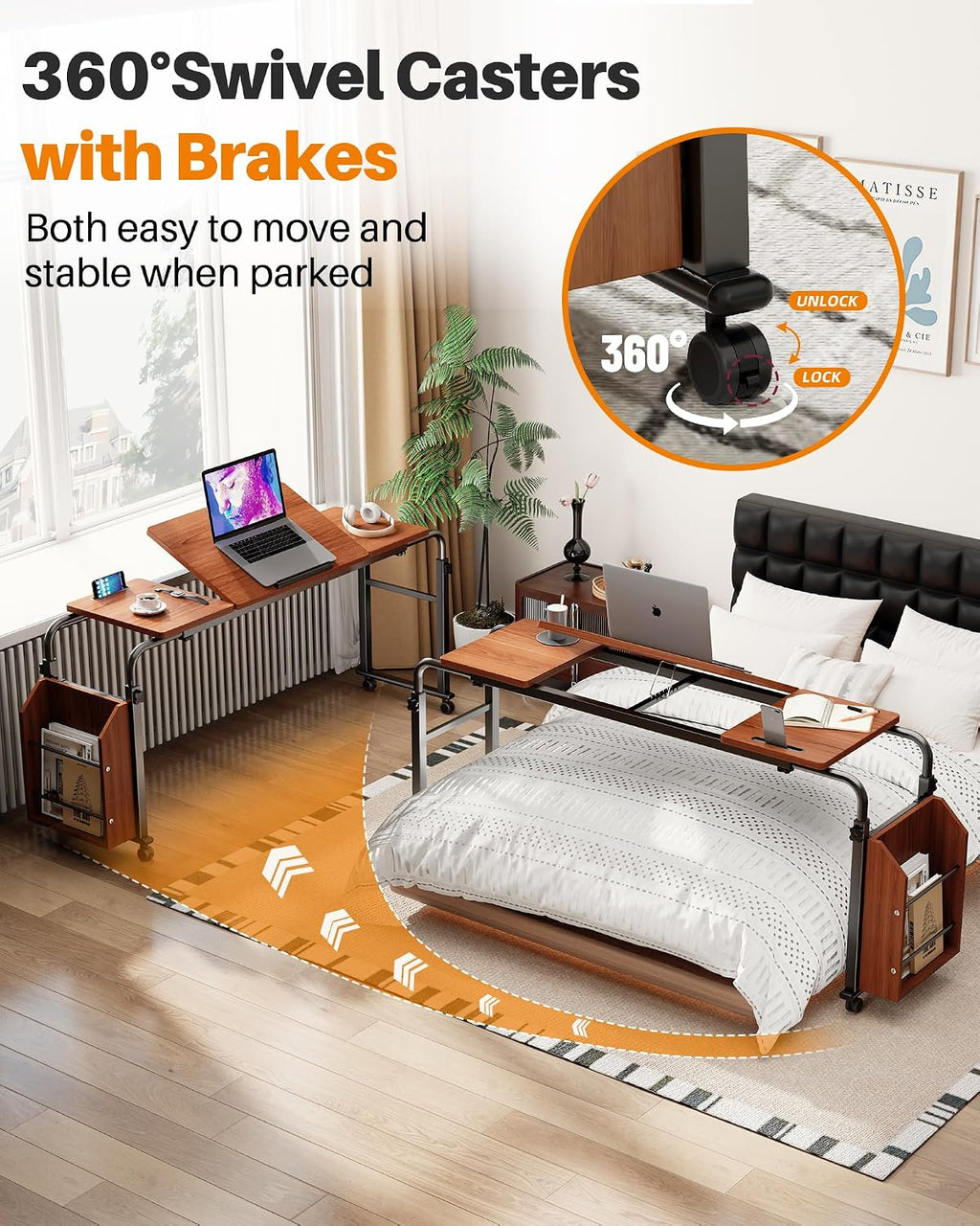 Laptop Desk for Bed,6-Angle Adjustable Overbed Table with Wheels,Adjustable Height and Length Bed Table for Laptop with Side Bookshelf,Standing Desk,Over Bed Desk for Working Hospital Home (Oaken) - Image 6