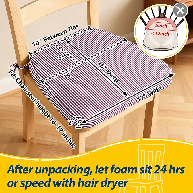 AAAAAcessories D-Shaped Chair Cushions, 2" Thick Dining Chair Pads with Ties and Removable, Machine-Washable Cover, 17" x 16", Set of 8, Pinstripe Red - Image 2
