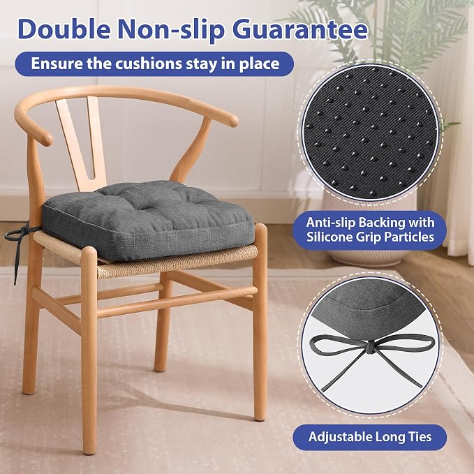 IASEAHK Chair Cushions for Dining Chairs, Dining Chair Cushions, Tufted Indoor Chair Pads with Ties & Non Slip Backing, Seat Cushions for Kitchen Chairs 16.5” x 16.5” x 3.5”, Set of 6, Grey - Image 4