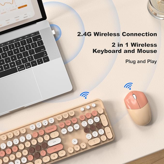 Wireless Keyboard and Mouse Combo, 2.4GHz Retro Full-Size Typewriter Keyboard with Number Pad and Wireless Mouse for PC/Laptop/Desktop/Windows (Milk Tea Colorful) - Image 3