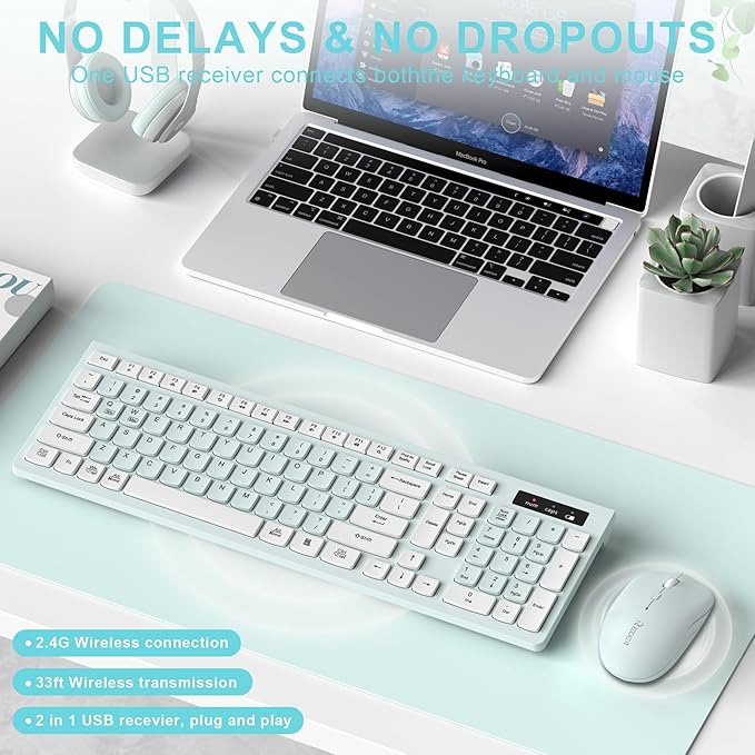 Wireless Keyboard and Mouse Combo Silent for Office and Home(Mint Green) | 2.4G Full Size Silent Cordless Keyboard with Tilt Legs,3-Level DPI Quiet Mouse,for Windows/Mac OS/Desktop/Laptop/PC - Image 2