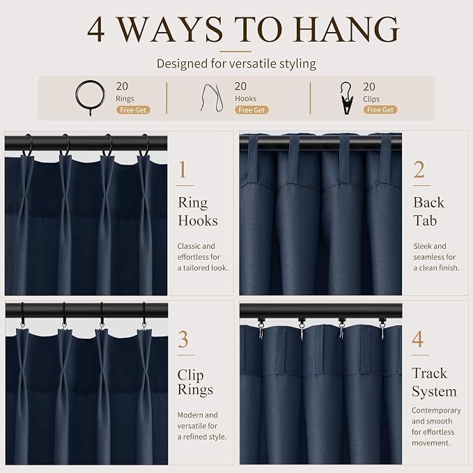 Hokibero Navy Blue Pleated Linen Curtains 90 Inch Long for Living Room | Light Filtering Sheer Curtain,Pinch Pleat Back Tab Hooks Rings,Farmhouse Textured Privacy Drapes for Bedroom Window,2 Panels - Image 4