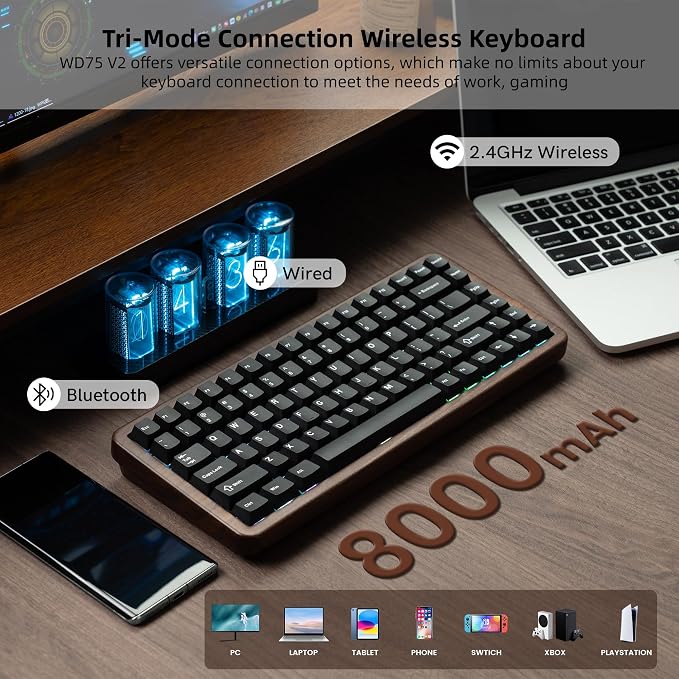 Womier 75% Mechanical Keyboard Wireless with Wood Natural WD75 V2 QMK/VIA | Gaming Creamy Keyboard 8000mAh Battery, Tri-Mode Key Board RGB Hot Swappable with PBT Keycaps-POM Linear Switch,Black - Image 4