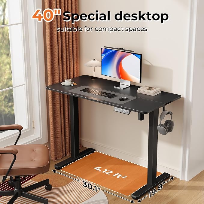 40" Electric Standing Desk, Black Standing Desk with 2 Hooks | Height Adjustable Sit Stand Desk with 2 Hooks, Stand up Desk with Splice Board & Sturdy Frame for Home Office - Image 7