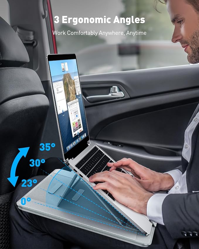 AboveTEK Adjustable Laptop Lap Desk, 3 Ergonomic Angles, PU Leather Non-Slip Surface, Heat Shield, Retractable Mouse Pad, Portable Laptop Lap pad for Bed, Sofa, Travel (Light Gray) - Image 3