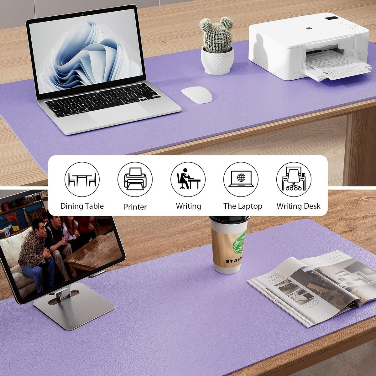 Aothia Faux Leather Desk Mat Mouse Pad, 47.2" x 23.6", Light Purple - Image 3