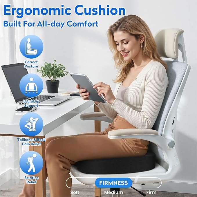 CushZone XXL Memory Foam Seat Cushion for Office & Car, Black | U-shaped Coccyx Cutout, Contoured Design, Breathable Removable Mesh Cover, Non-Slip Base, Carry Handle - Image 6