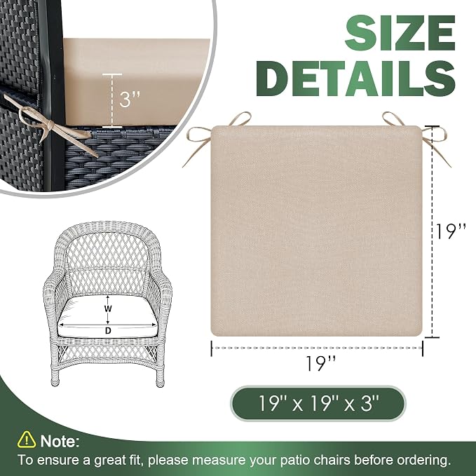 Outdoor Chair Cushions Set of 2, 19x19x3 Inch Waterproof & Fade Resistant Patio Furniture Seat Cushions with Ties, Square Outdoor Dining Chair Cushions for Lawn, Garden, Deck & Yard, Beige - Image 2