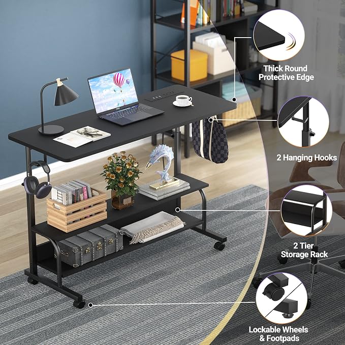 39" Rolling Standing Desk with Charging Station for Couch Bed | Height Adjust 27.5-41", 2 AC/3 USB, Mobile 4 Lockable Wheels, 2-tier Shelves Hook, Safe Corner Fast Assembly - Image 5