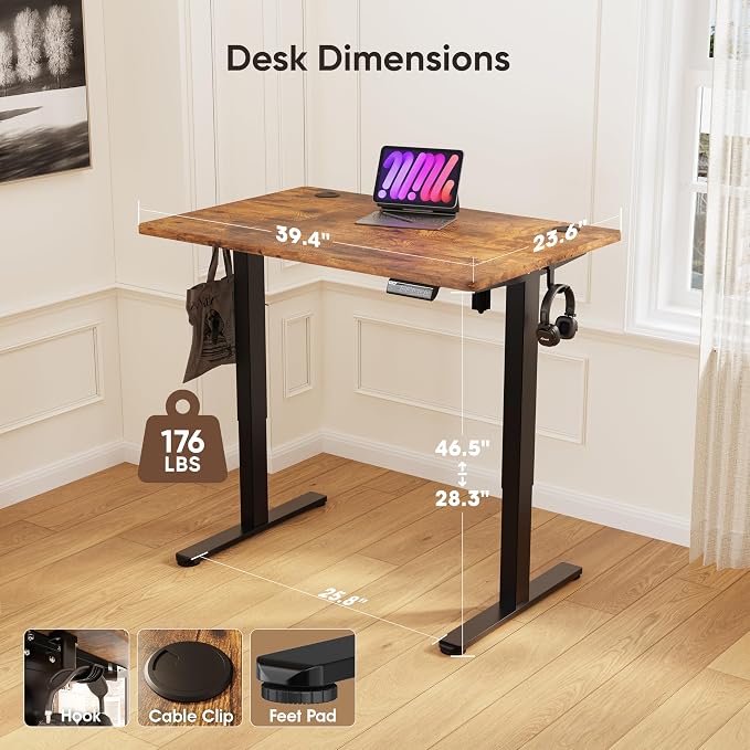 Monomi 39.4" Electric Standing Desk, Height Adjustable sit Stand up,Brown | Small Ergonomic Home Office Computer Desk Workstation with 3 Memory Setting and headphone hooks,Space Saving,Easy Install - Image 2