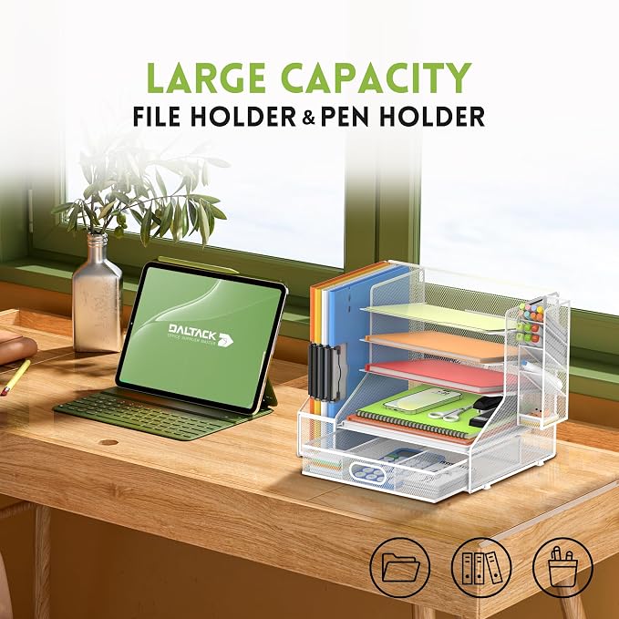 5-Tier Desk Organizer with File Holder & Pen Holder & Sliding Drawer, White | Mesh Metal Paper Letter Tray for Papers, Mail, Office Supplies, and Desk Accessories - Image 2