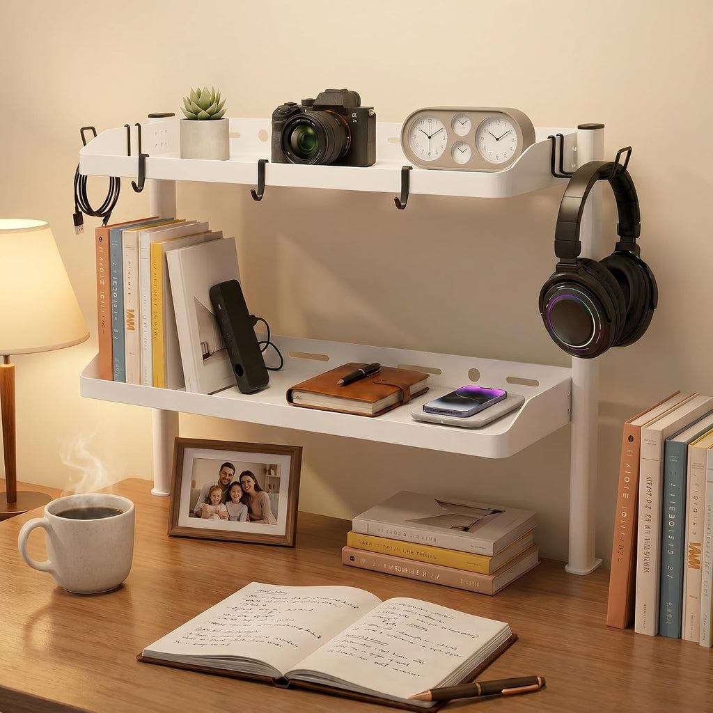 Clamp on Desk Shelf White, 2-Tier Office Desk Shelves Organizer, 17in Small Shelf for Top of Desk with Headphone Holder, Hooks, Desktop Storage Rack for Home Workspace, Study Rooms, Gaming Accessories - Image 7