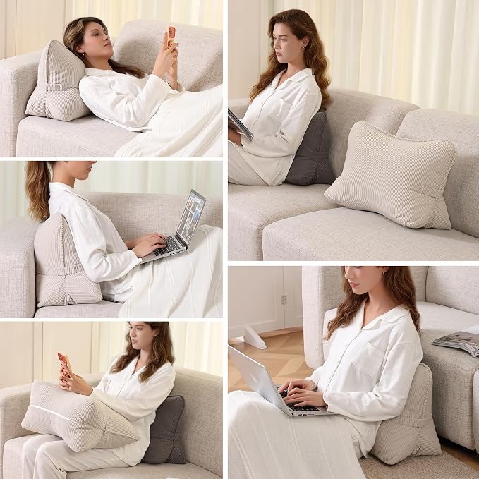 Pat. Pend. Corduroy Lumbar Support Back Pillow for Watching TV, Reading & Gaming, Ergonomic Triangle Support Cushion for Sofa, Armchair & Bed Sitting, Removable Washable Cover, Beige Gray - Image 8