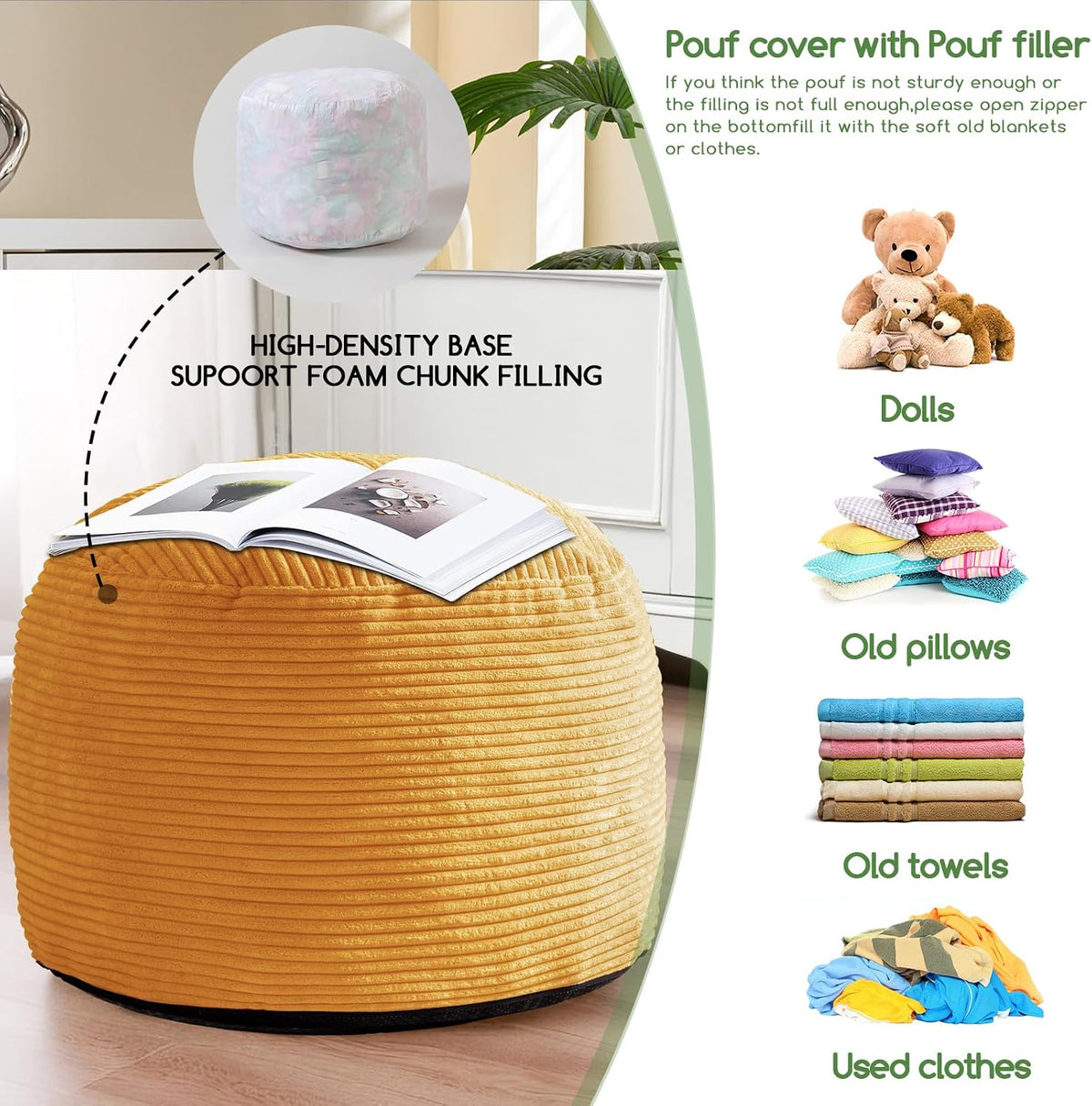 HIGOGOGO Round Stuffed Pouf Ottoman, Corduroy Poufs with Foam Chunk Filling, Furry and Fluffy Pouf Foot Stool Storage Ottoman, 20 X 15 Floor Poufs Foot Rest for Living Room, Orange - Image 4