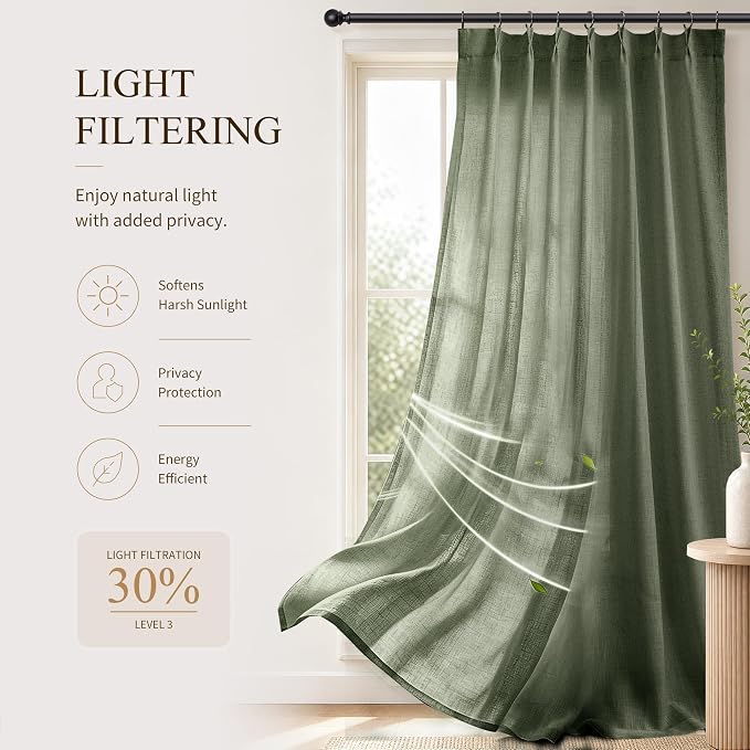 Hokibero Olive Green Pleated Linen Curtains 102 Inch Long for Living Room | Light Filtering Sheer Curtain,Pinch Pleat Back Tab Hooks Rings,Farmhouse Textured Privacy Drapes for Bedroom Window,2 Panels - Image 6