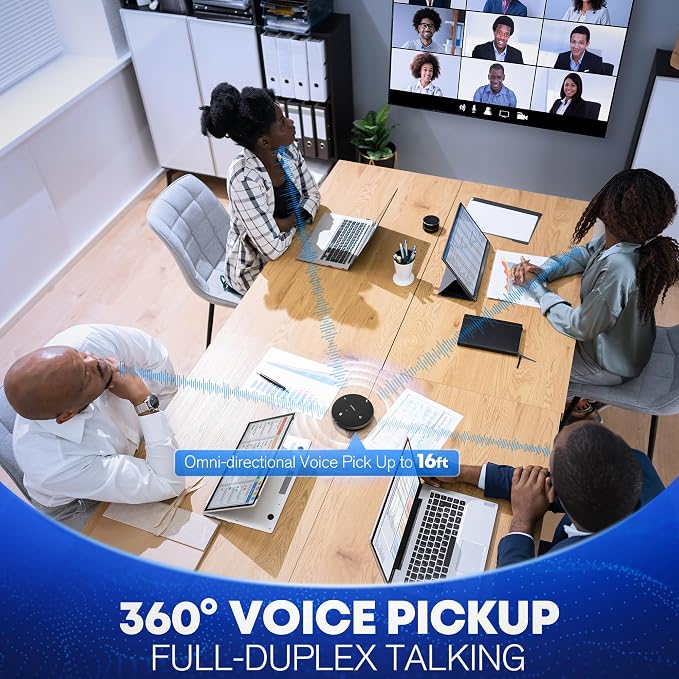 Conference Call Speaker and Microphone for Teams, Zoom, Home Office, Black | AI noise reduction, 360° voice pickup, 4-mic array, full-duplex, 16 ft range, Bluetooth, NFC, USB, up to 8 hours, mobile work - Image 2