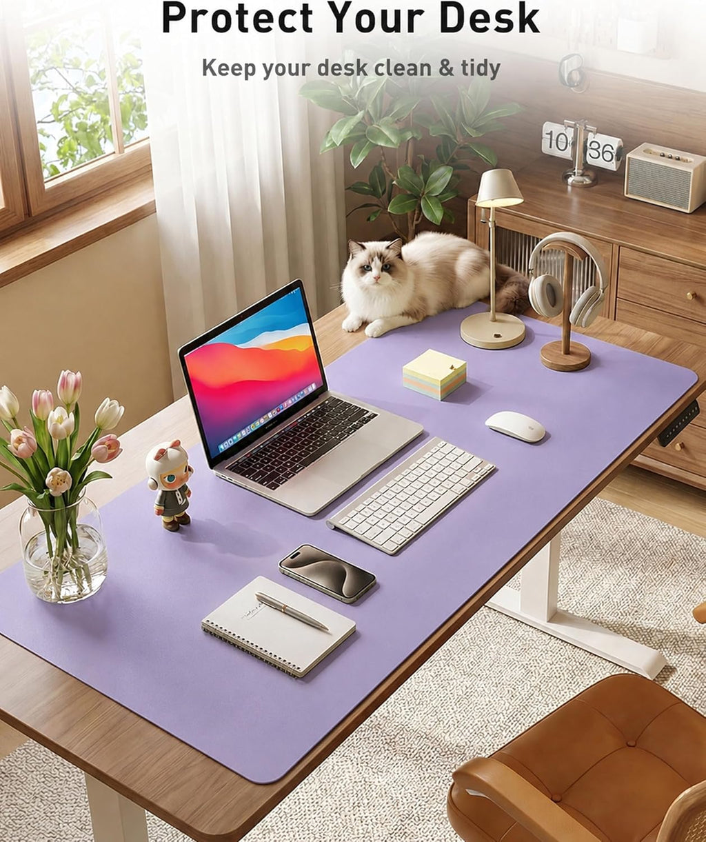 Aothia Faux Leather Desk Mat Mouse Pad, 40" x 24", Light Purple - Image 3