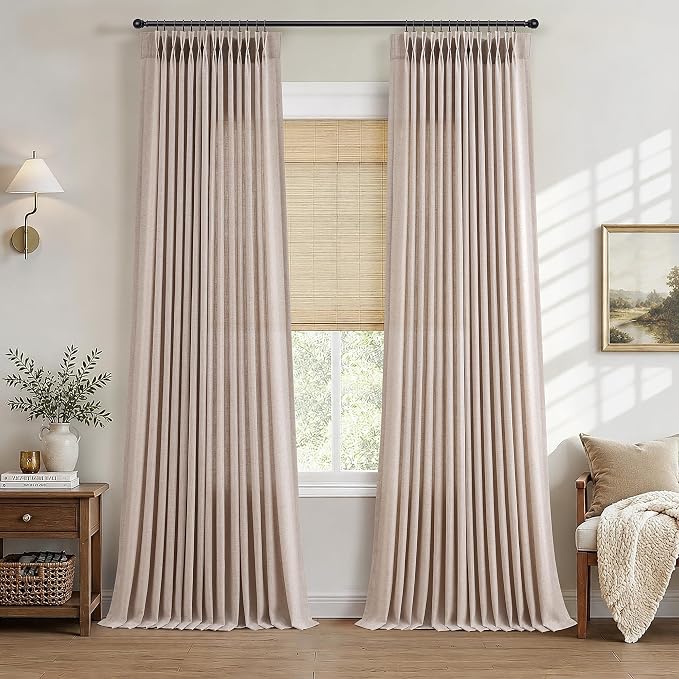 Hokibero Oatmeal Pinch Pleated Linen Curtains 108 Inch Long for Living Room | Light Filtering Sheer Curtain,Pinch Pleat Back Tab Hooks Rings,Farmhouse Textured Privacy Drapes for Bedroom Window,2 Panels by Hokibero