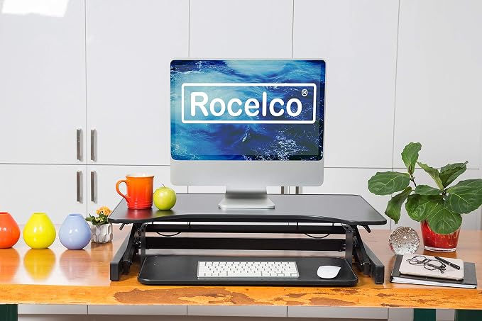 Rocelco 32" Height Adjustable Standing Desk Converter - Slide Out Retractable Keyboard Tray - Sit Stand Up Double Monitor Riser - Dual Piston Lift Assist Tabletop Computer Workstation - Black (R ADRB) - Image 7