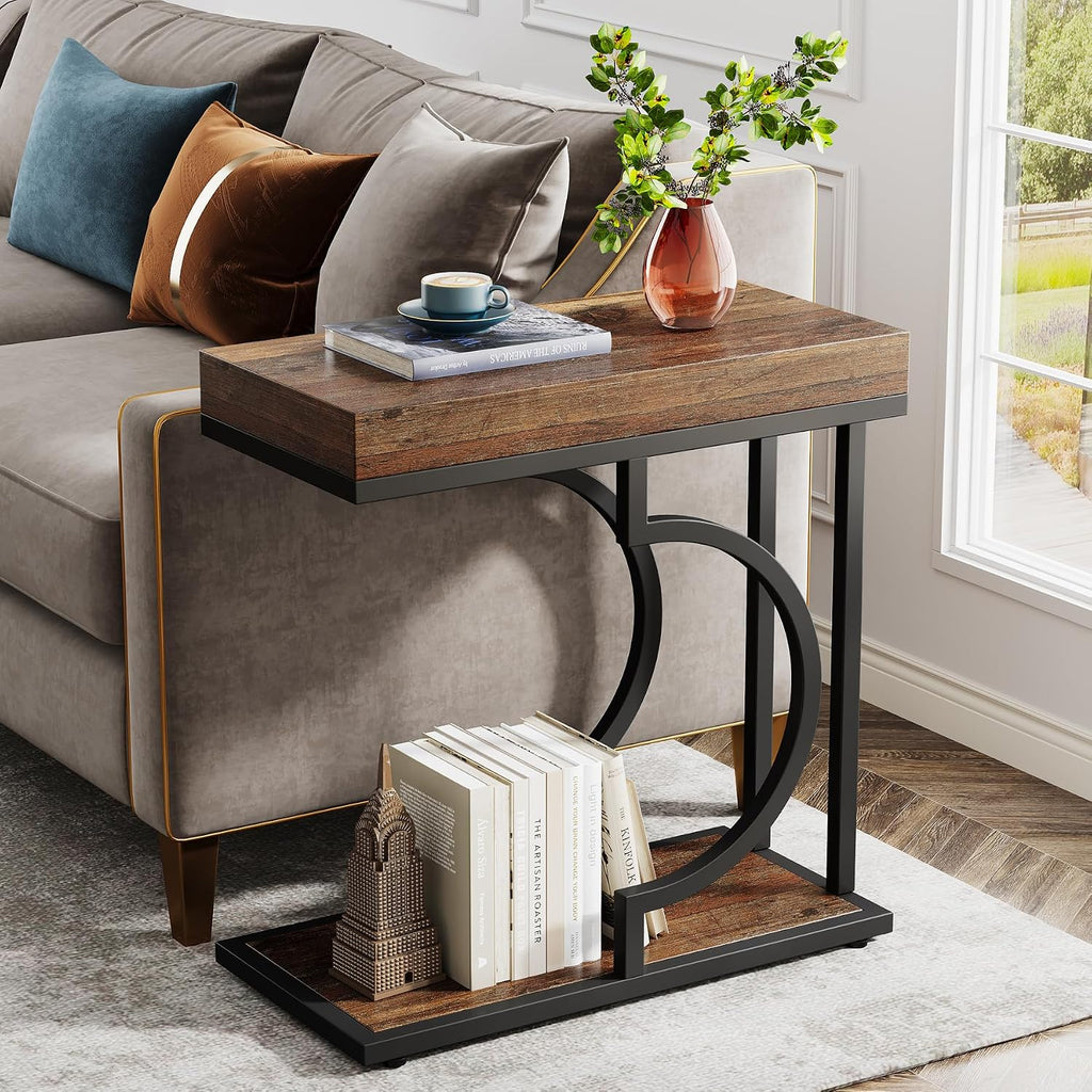 Tribesigns Side Table Set of 2 Narrow Side Table Brown Black C Shaped End Table Modern Bedside Tables for Couch, Small Sofa Tables with Metal Frame for Living Room (2, Rustic Brown+Black) - Image 3