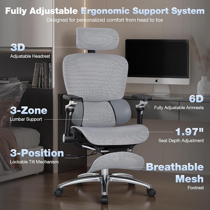 MALOL Ergonomic Office Chair, 400lbs High Back Mesh Desk Chair with 6D Armrests, 3D Headrest, Adjustable Lumbar Support, Seat Depth Adjustment, Tilt Lock, Metal Base & PU Wheels, Grey - Image 5