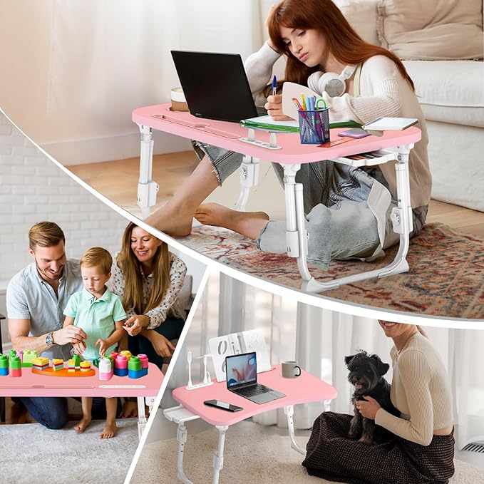 Lap Desk for Bed Adjustable Height, Foldable Bed Table with Storage Drawer, Tablet Slot & Cup Holder, Portable Laptop Stand for Bed & Sofa, Bed Desk for Adults & Kids, Pink - Image 6