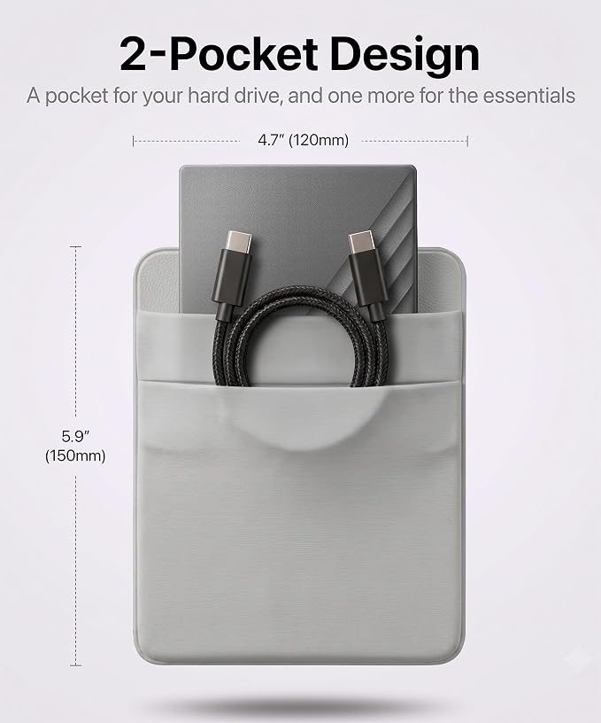 2-Pocket SSD & Hard Drive Holder for Laptop, Reusable 3M Adhesive | Stick-On Sleeve for 2.5-Inch External HDDs & SSDs | 5.9 x 4.7-Inch Pouch | Separate Pocket for Cables | Built-In Safety Strap - Image 2