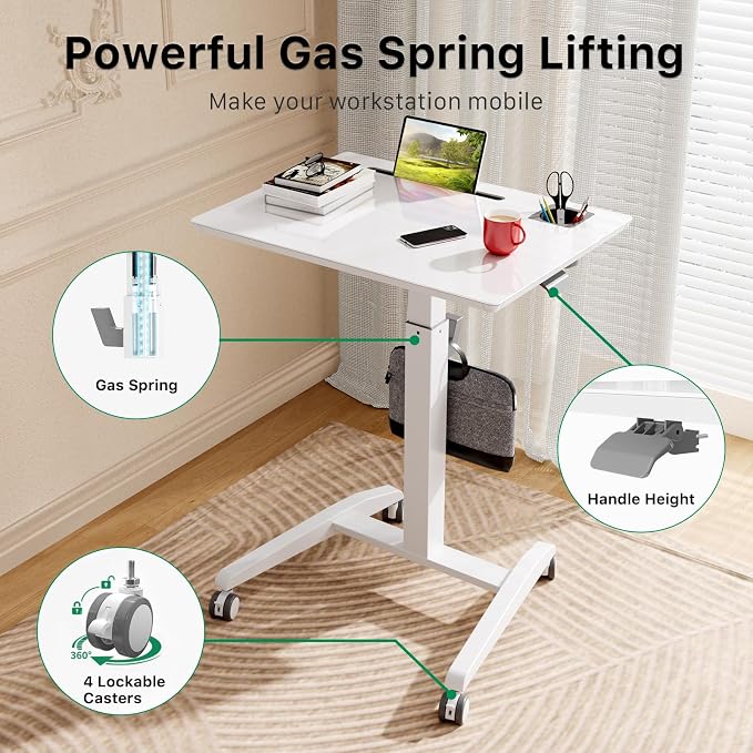 Glass Mobile Rolling Standing Desk on Lockable Wheels, White | 27inch Portable Laptop Workstation Height Adjustable with Cup Holder, Slot, Hook, Pneumatic Rising Cart for Writing, Drawing - Image 7