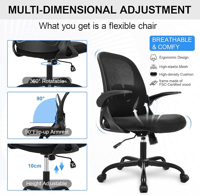 Office Chair Ergonomic Desk Chair with Flip up Armrests Swivel Breathable Desk Mesh Computer Chair with Adjustable Lumbar Support and Height for Conference Room (Black) - Image 8