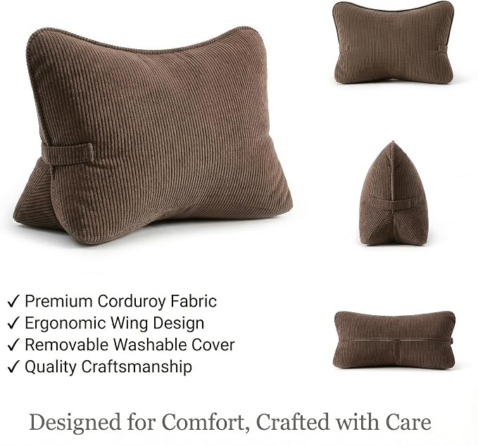 Pat. Pend. Corduroy Lumbar Support Pillow for Recliner, Sitting & Relaxing, Triangle Cushion for Sofa, Couch or Bed, Reading Pillow with Removable Washable Cover, Chocolate - Image 5