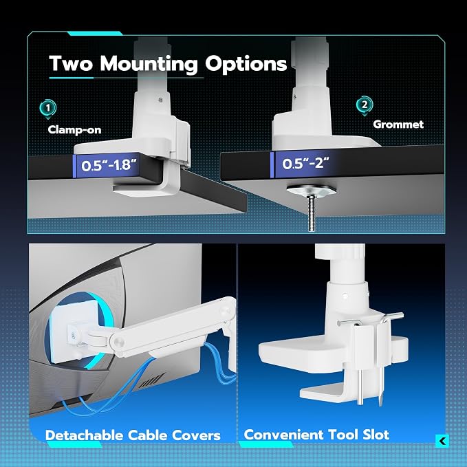 Single Monitor Arm Desk Mount for 17-49 Inch Monitors, White | Heavy Duty Monitor Mount Stacked Monitor Arm Desk Holds 44 lbs - Image 6