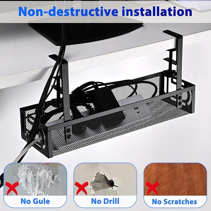 Under Desk Cable Management Tray Small – Clamp-Mounted Wire Organizer & Cord Management Under Desk Rack, No-Drill Metal Cable Organizer for Home Office (Black) - Image 3