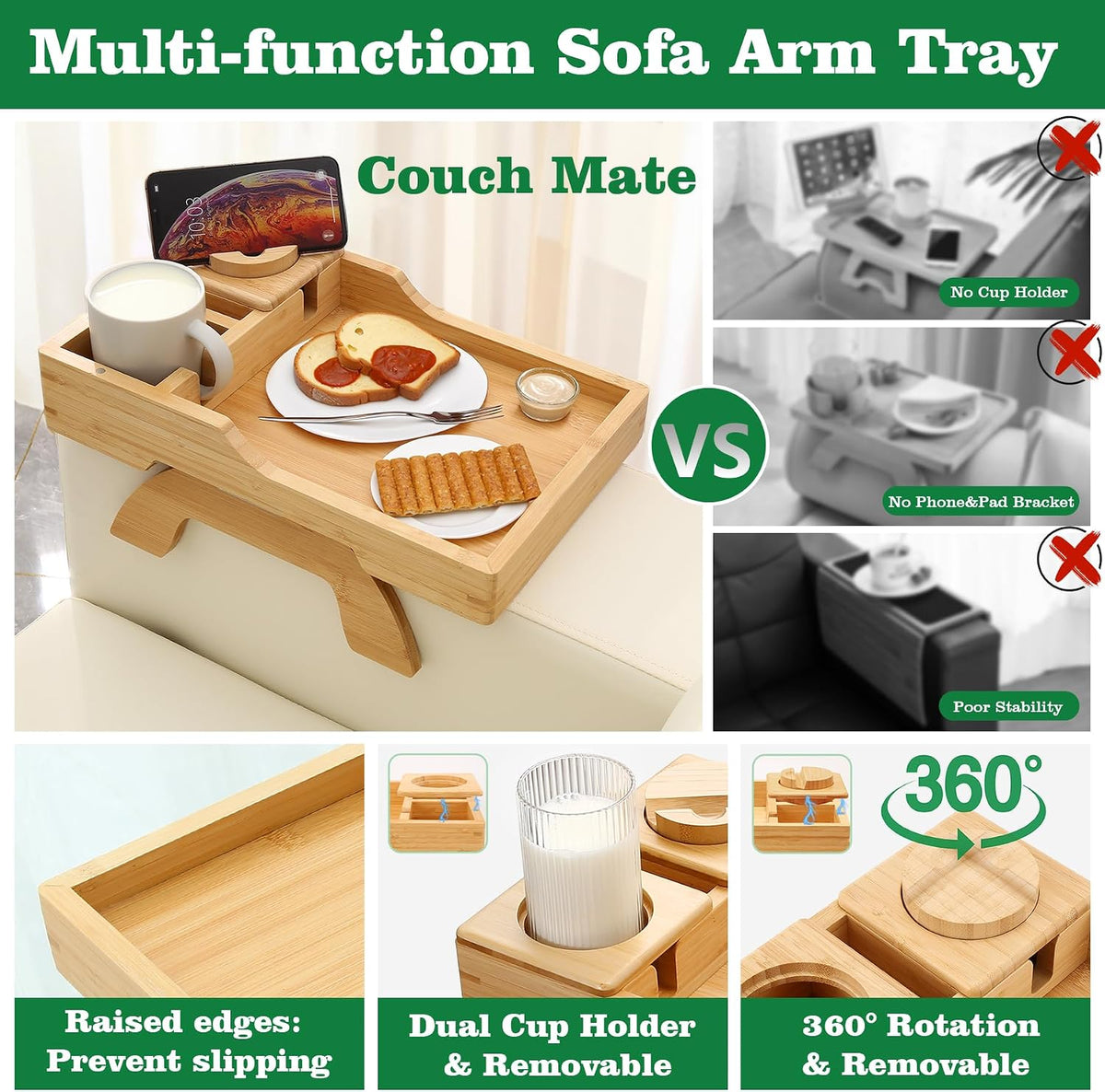 Bamboo Couch Cup Holder, 4 in 1 Couch Arm Trays with 360°Rotated Phone Holder, Non-Slip Clip on Side Table for Drinks/Remote/Snacks, Ideal Gift for Husband, Wife, Parents - Image 3
