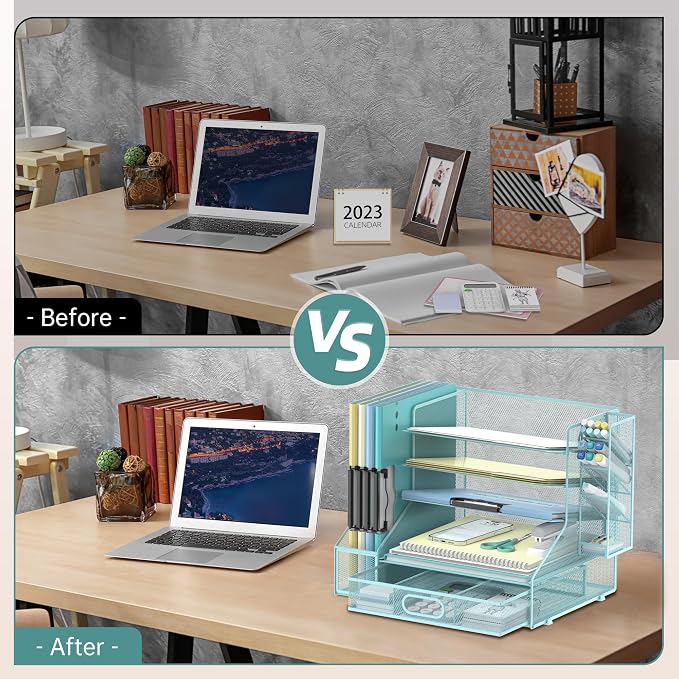 5-Tier Desk Organizer with File Holder & Pen Holder & Sliding Drawer, Blue | Mesh Metal Paper Letter Tray for Papers, Mail, Office Supplies, and Desk Accessories - Image 7