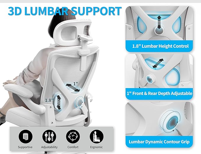 Ergonomic Office Chair: Mesh Desk Chair Comfy with Headrest& Lumbar Support | Ergalithic Big and Tall Office Chairs with Wheels & Flip-Up Arms-Computer Gaming Chairs for Adults Home Office Chairs(White) - Image 6