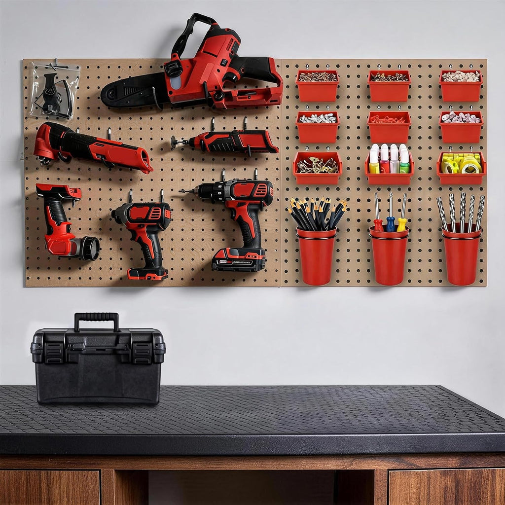Pegboard Bins Cups with Hooks & Loops 12 Pack Peg Board Organizer (Red) - Image 6