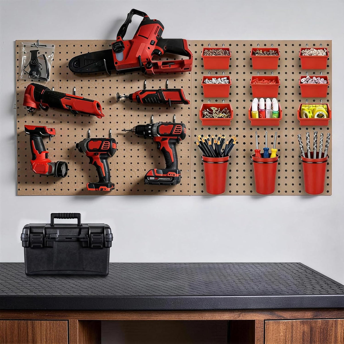 Pegboard Bins Cups with Hooks & Loops 12 Pack Peg Board Organizer (Red) - Image 6